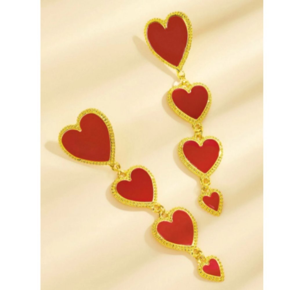 RED HEARTS DANGLE EARRINGS LONG GOLD HEART DECENDING SIZE DROP LONG EARRINGS NEW - Picture 4 of 4